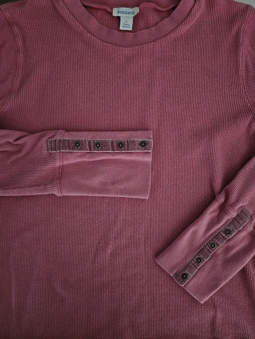 Sundance Cotton Waffle Knit Top Women L Rose Pink Snap Cuff Long Sleeve Shirt